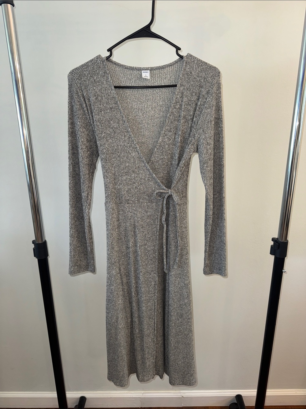 Ribbed Long Sleeve Wrap Midi Dress in Gray